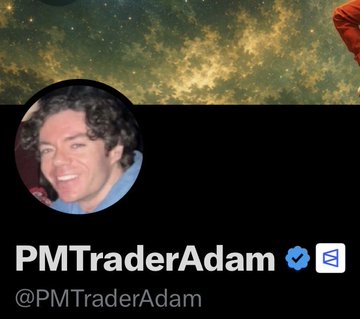 A verified social media profile for "PMTraderAdam" (@PMTraderAdam) shows a smiling man with curly hair against a cosmic backdrop, celebrating his newly acquired Polymarket Traders verification badge, with the accompanying post expressing excitement and crediting PolymarketTrade, williamlegate, and kea1on for their support.