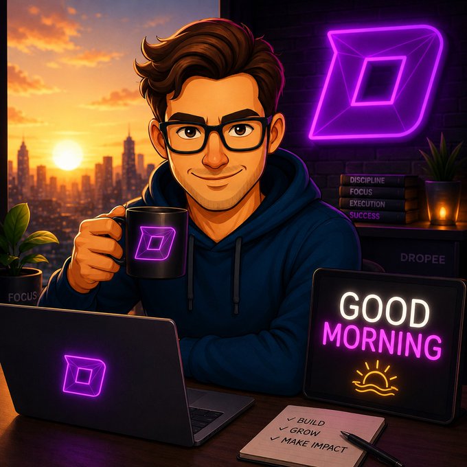 iced coffee and a laptop are present on a desk, with the text "Good Morning" displayed above them.