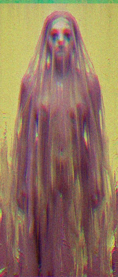 A distorted, glitch-art style figure draped in flowing red and purple fabric stands against a grainy yellow-green background.