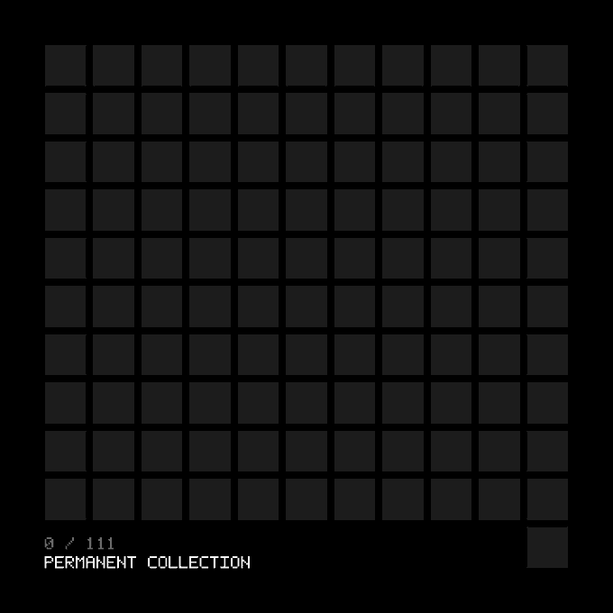 The image shows a collection of squares rendered in black against a white background, with the words "permanent collection" displayed prominently at the bottom of the frame. The squares are arranged side by side, giving the impression that they form a panel or a window within an onchain collection state. The post states that this particular permanent collection does not remove punk from circulation but instead stores them in an immutable collection format. It implies that the punk's display remains preserved and in the collection until the protocols change, as if it has been burnt into the memory of the virtual screen space itself.