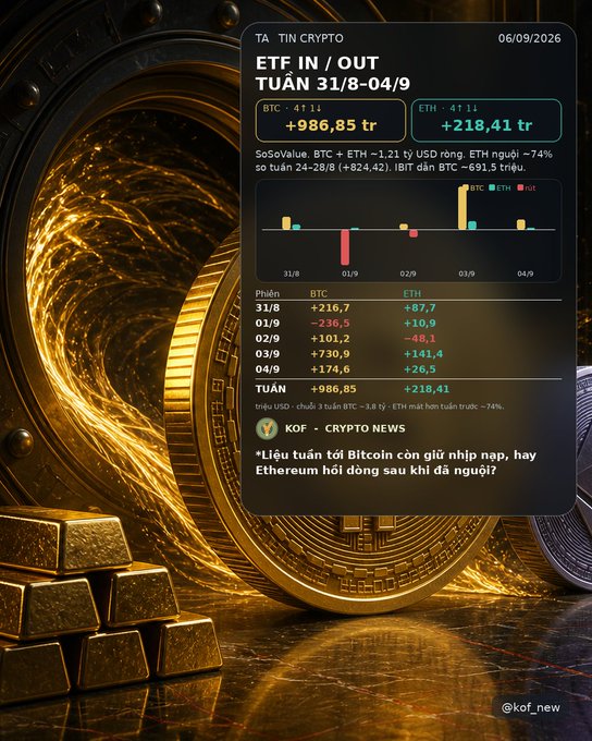 A Vietnamese crypto market infographic titled 'ETF IN/OUT TUẦN 31/8-04/9' dated 06/09/2026, showing Bitcoin (BTC) ETF net inflow of +986.85 trillion VND and Ethereum (ETH) ETF net inflow of +218.41 trillion VND, with daily breakdowns and a question about whether Bitcoin can maintain its momentum or if Ethereum will surge next.