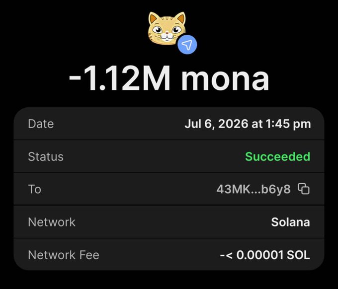 A screenshot showing a successful transaction of -1.12M mona (with a cat emoji) sent to wallet address 43MK...b6y8 on the Solana network on July 6, 2026, with a network fee of less than 0.00001 SOL. The image appears to be used as fake "proof" of a $MONA airdrop payout to entice users into a likely scam presale at monacoin.xyz.