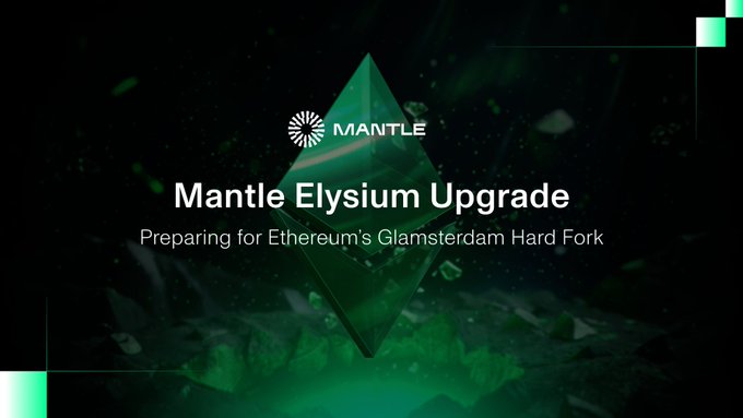 A promotional graphic featuring the Mantle logo and a green crystalline shape, with the text "Mantle Elysium Upgrade — Preparing for Ethereum's Glamsterdam Hard Fork," visually announcing Mantle's Elysium infrastructure upgrade now live on Mantle Sepolia in preparation for Ethereum's upcoming Glamsterdam hard fork.