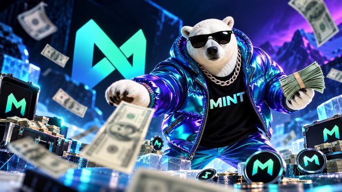 A polar bear mascot wearing sunglasses, a shiny blue puffer jacket, and a 'MINT' t-shirt holds stacks of cash amid falling dollar bills, with a large teal 'M' logo in the background.