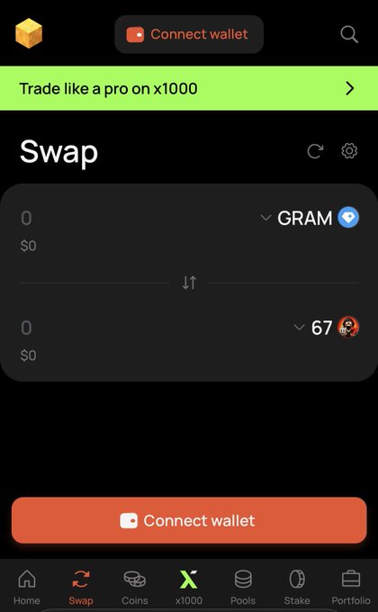 A mobile crypto swap interface showing a token exchange screen between GRAM (Telegram) and "67" with a $0 amount entered, alongside a prominent "Connect wallet" button and a promotional banner reading "Trade like a pro on x1000"—illustrating the first step of connecting a wallet to purchase the $67 token featured in the post.