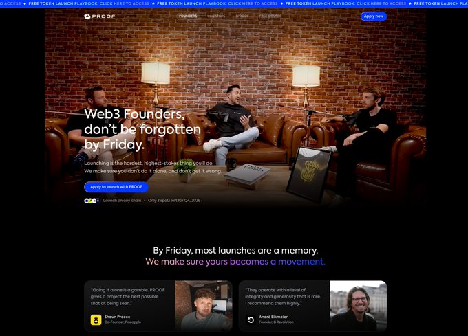 A promotional webpage for 'PROOF' with the headline 'Web3 Founders, don't be forgotten by Friday,' featuring three people on leather couches, a navigation menu including 'MONOIDS' and 'INVESTORS', and testimonials from Shaun Poorec and André Elsermeijer.
