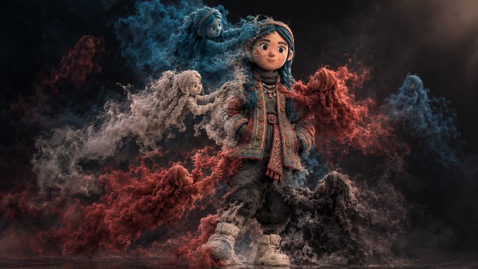 A 3D-rendered character with blue hair and a textured coat stands surrounded by swirling red, blue, and gray smoke-like ghostly figures against a dark background.