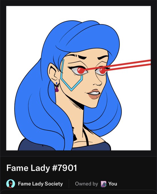 A digital NFT illustration titled "Fame Lady #7901" showing a blue-haired woman with red laser beam eyes, owned by "Fame Lady Society."