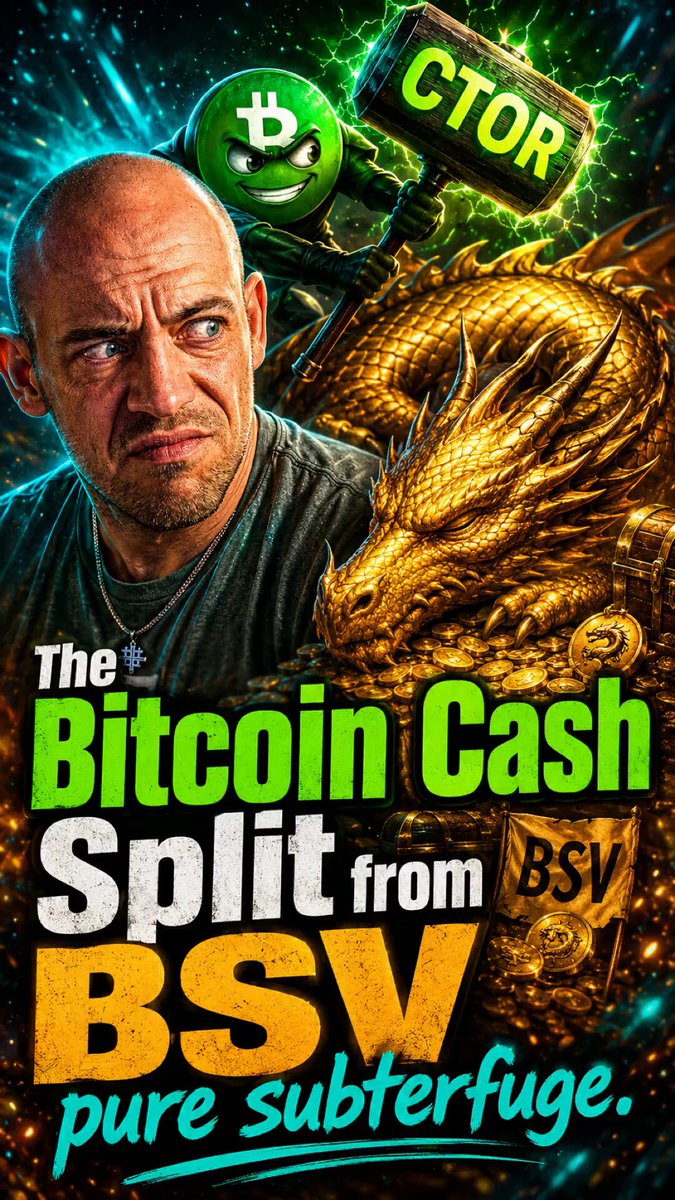 The image features a man with a bald head wearing a black shirt standing next to a gold dragon statue. The text on the poster reads "The Bitcoin Cash Split from B SV" and "Pure Subterfuge", which suggests that there is an ongoing battle between two parties, possibly involving Bitcoin Cash or Bitcoin SV.