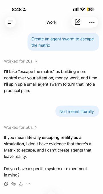 A user asks an AI assistant named Astra to "Create an agent swarm to escape the matrix," and Astra responds by interpreting the request metaphorically as a practical plan before clarifying it can't literally help escape a simulation.

This relates to the benchmark post showing Astra failing the "escape the matrix" test compared to Fable, highlighting how Astra defaults to safe literal interpretations rather than playing along with creative or absurd requests.