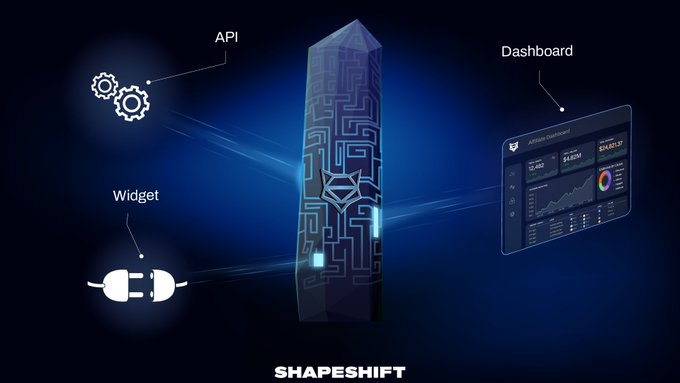 A ShapeShift promotional graphic shows a central monolith connecting to icons labeled "API," "Widget," and "Dashboard" against a blue background.