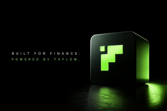 The image features a dark background with a glowing green and black 3D cube displaying a stylized "TF" logo, accompanied by the tagline "BUILT FOR FINANCE. POWERED BY TXFLOW." This visually represents the post's announcement of joining TxFlow, emphasizing its identity as an L1 blockchain built specifically for finance with on-chain perpetuals and a centralized limit order book.