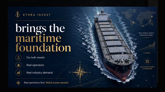 A promotional banner for ETHRA INVEST reading 'brings the maritime foundation', featuring a cargo ship on the ocean with a world map background and bullet points listing 'Dry bulk vessels', 'Real operators', 'Real industry demand', and 'Real operations first. Web3 access second.'