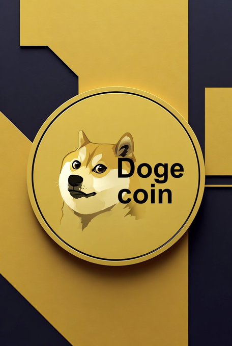 A digital graphic featuring a Shiba Inu dog illustration inside a yellow coin labeled 'Doge coin' set against a dark background with yellow geometric shapes.