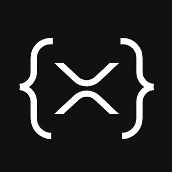 A minimalist white logo on a black background featuring an X-like symbol enclosed within curly braces, resembling the XRP cryptocurrency emblem.