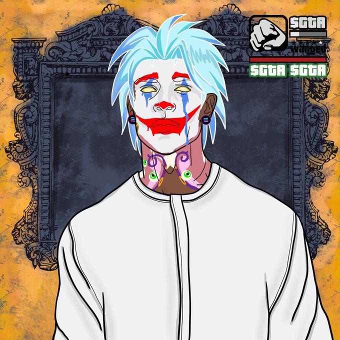 An illustrated avatar with clown makeup, light blue hair, and glowing green/yellow eyes stands before an ornate dark frame, with a health bar in the top right displaying "SGGA" and the username "MrBenchy." The image reflects the post's victorious tone after selecting 5 winning picks, with "SGGA" likely representing a crypto token or ticker being celebrated.
