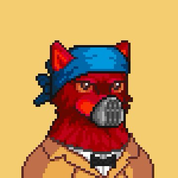 A pixel art portrait of a red wolf or fox-like character wearing a blue bandana over its head and a metal muzzle on its snout, dressed in a yellow collared shirt.