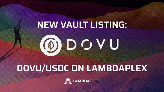 A vibrant promotional banner announces "NEW VAULT LISTING: DOVU/USDC ON LAMBDAPLEX," featuring the DOVU logo alongside the Lambdaplex branding. The colorful, artistic background with a silhouetted figure complements the announcement of the new trading vault listing eligible for PLEX and TRUST rewards.