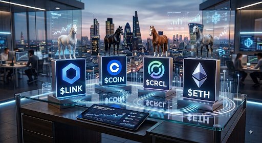 A futuristic trading desk displays glowing pedestals featuring horse figurines above cryptocurrency logos for **$LINK (Chainlink)**, **$COIN (Coinbase)**, **$CRCL (Circle)**, and **$ETH (Ethereum)**, visually celebrating the strong recent gains of these stablecoin and tokenization-related assets mentioned in the post.