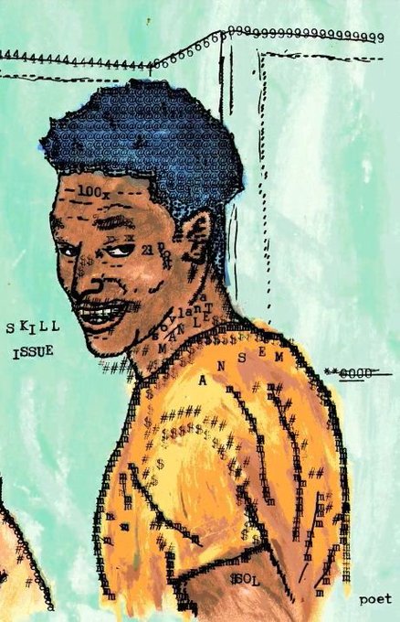 The artwork depicts a stylized portrait of a shirtless Black man with blue hair, rendered with the word "TEMPLATE" and numbers like "100," "200," "1OO" overlaid on his face and body, along with the title "SKILL ISSUE" and label "poet."

The image appears to be a meme referencing the post about joining "$TOADS," using the photoshopped "skill issue" format—where the repeated template markings and insulting label humorously suggest the depicted person (often used in gaming culture to mock poor performance) is the type who would join such a token community.