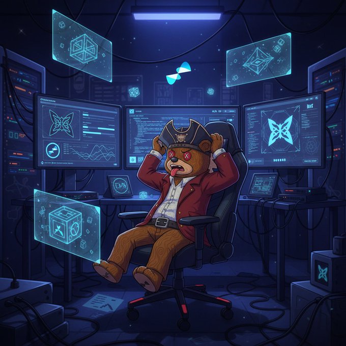 The image features a cartoon bear sitting in an office chair, wearing a pirate hat and holding a sword. The bear appears to be in distress or frustration due to various computer screens surrounding him. There are at least five computer monitors visible in the scene, with one on each side of the bear and another directly behind it. Additionally, there is a keyboard and mouse placed nearby, suggesting that this office space is equipped for work tasks. The post about testing and grinding on Quip network also includes mentions of optimization tasks taking longer than expected and resets, which could be related to the bear's frustration in the image.