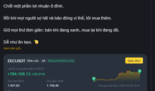 Vietnamese-language crypto trading screenshot advising to lock in profits, with a chart showing ZECUSDT perpetual contract up +784,168.12 (+39.01%) at 1,007.82, last price 1,158.48.