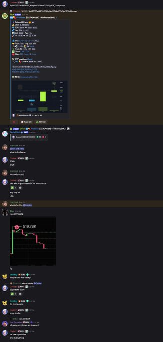 The image shows a Discord chat thread celebrating a trading win, where user @PastelAlpha shared a screenshot of their Fidelity Active Trader Pro portfolio showing a 519.76K gain, along with a candlestick chart displaying impressive price movement, with other users congratulating them in the messages below. The thread references their achievement of "200k to 5m" and credits $FROHORSE as the ticker responsible for the gains.