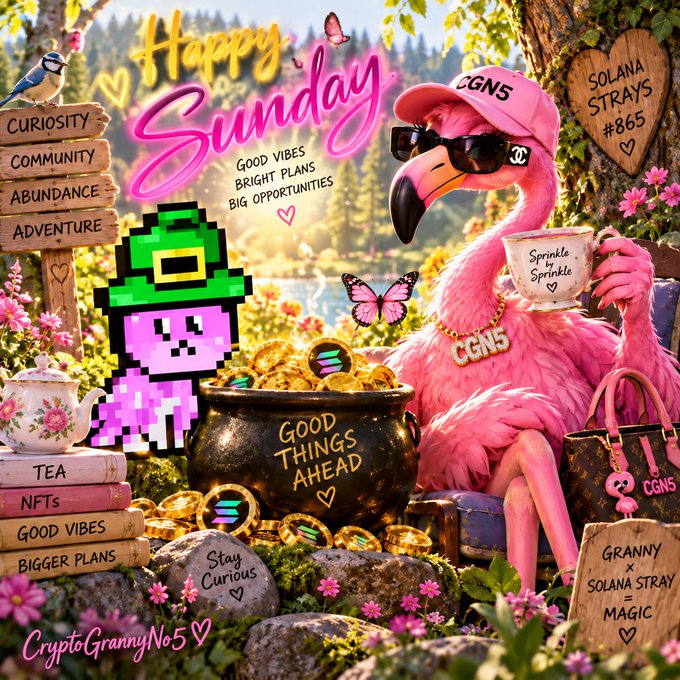 A colorful digital illustration featuring a pink flamingo wearing a 'CGN5' cap, sunglasses, and chains, sitting next to a pixel art character, a pot of gold coins labeled 'GOOD THINGS AHEAD', and signs reading 'Happy Sunday', 'CURIOSITY COMMUNITY ABUNDANCE ADVENTURE', 'SOLANA STRAYS #865', and 'CryptoGrannyNo5'.