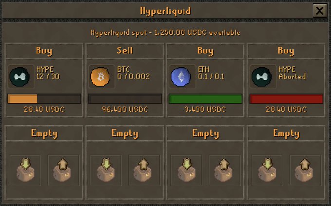 A video game interface showing a 'Hyperliquid' trading menu with options to Buy HYPE, Sell BTC, Buy ETH, and Buy HYPE, displaying 1,250.00 USDC available with various coin progress bars.