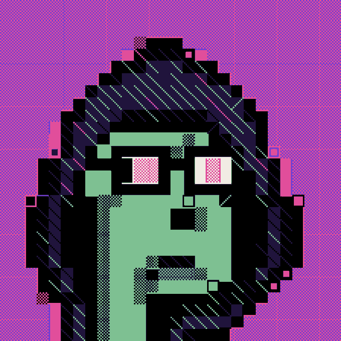 A close-up pixel-art portrait of a green-skinned character wearing black sunglasses with pink reflective lenses, set against a vibrant magenta checkered background.