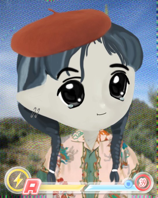 An anime-style chibi character with dark braided hair, large teary eyes, and a red beret appears in what looks like a fighting game UI with a timer reading '39'.