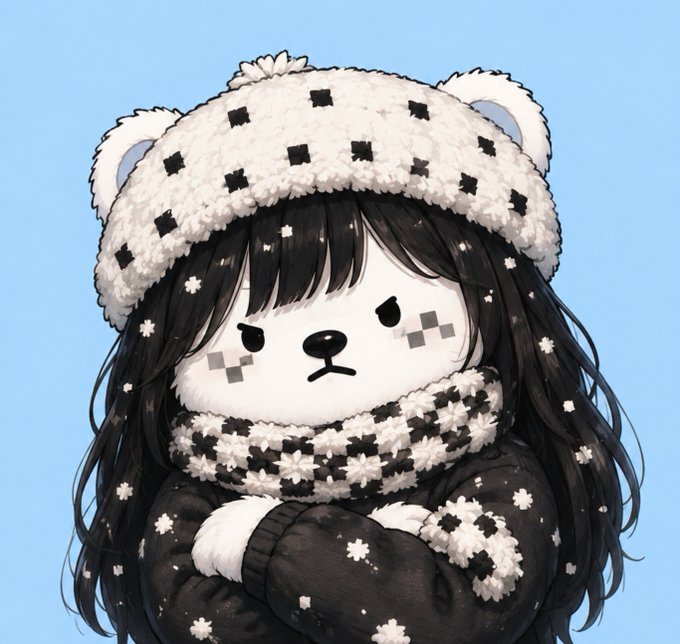 An illustration of a cute character wearing a fluffy white bear hat with black square patches, a matching scarf, and a black sweater on a light blue background.