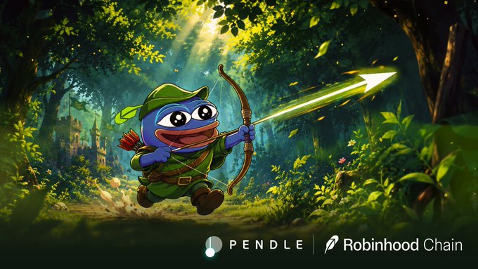 A blue cartoon frog dressed as Robin Hood leaps through a lush forest, drawing back a bow to shoot a glowing green arrow, with the text "PENDLE | Robinhood Chain" displayed below.