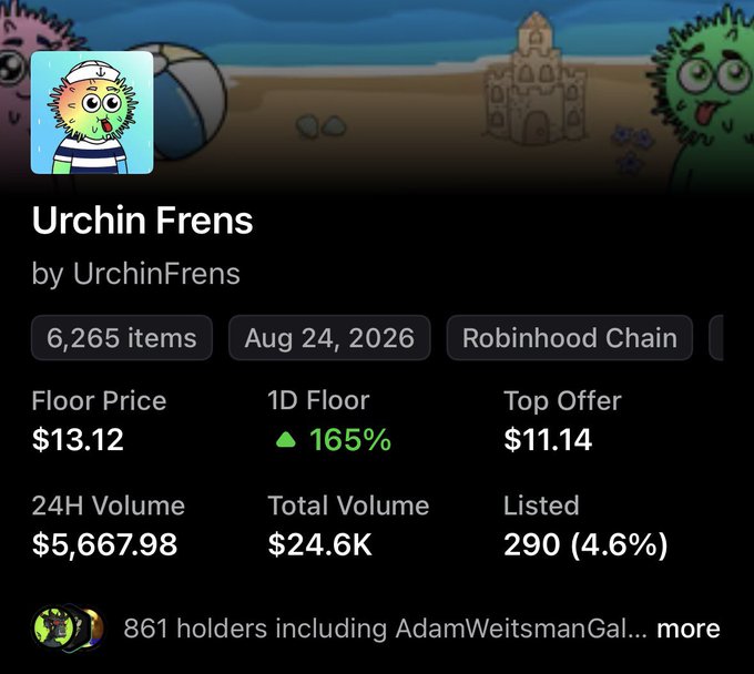 NFT marketplace listing for "Urchin Frens" by UrchinFrens showing a floor price of $13.12 with 165% 1-day gain, validating the post's boast about the collection's price surge from $0.90 to over $13 each.