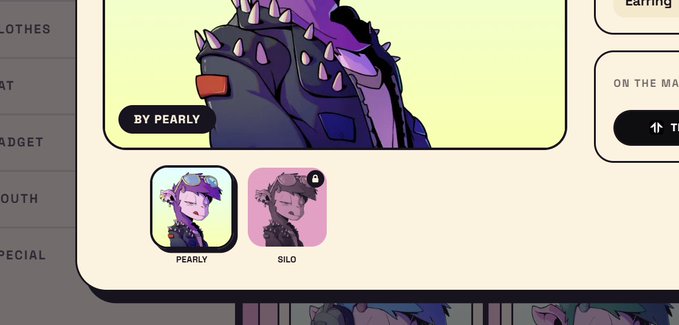 A close-up of a website showing a 'BY PEARLY' section with two NFT profile pictures labeled 'PEARLY' and 'SILO' below an illustration of a character in a spiked jacket.