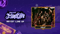 Kingdom of Magicore artist lineup banner featuring an image of the group GIRLS' with member names listed below.