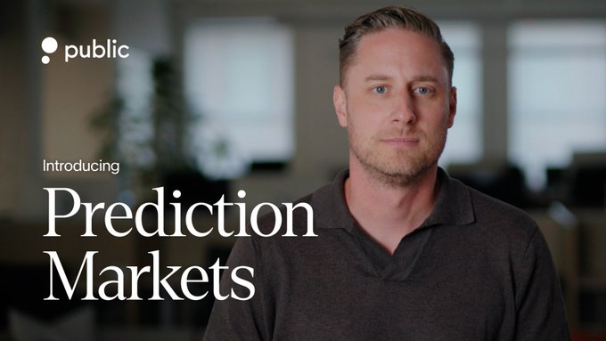 A man in a gray polo shirt appears in a softly lit office setting alongside the "Public" logo and the headline "Introducing Prediction Markets," visually framing the platform's new AI-driven prediction markets feature.