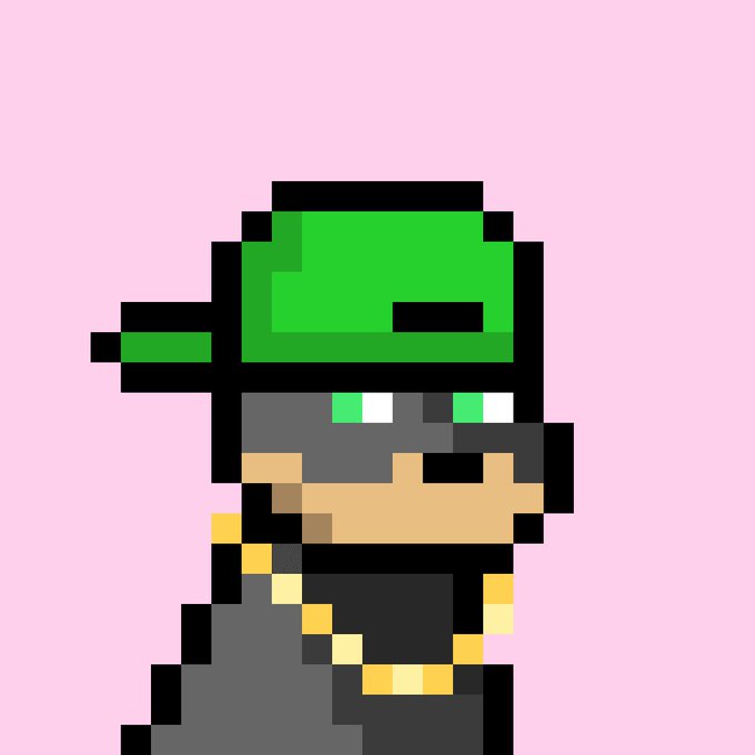 A pixel art illustration of a figure wearing a green hat, sunglasses, and a gold chain against a pink background.