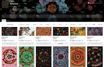 A screenshot of the Botanica NFT collection marketplace displays the gallery with pieces like "Botanica #26," "Botanica #37," "Botanica #15," and "Botanica #16," showing pricing in ETH. The image aligns with the post by showcasing the available Botanica pieces, noting that only 3 remain on primary before selling out again.