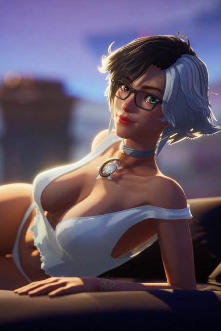 A 3D-rendered stylized portrait of Luna Snow, a character with short black and silver hair and glasses, posing in a white outfit with a pocket watch choker against a softly lit purple-blue background.