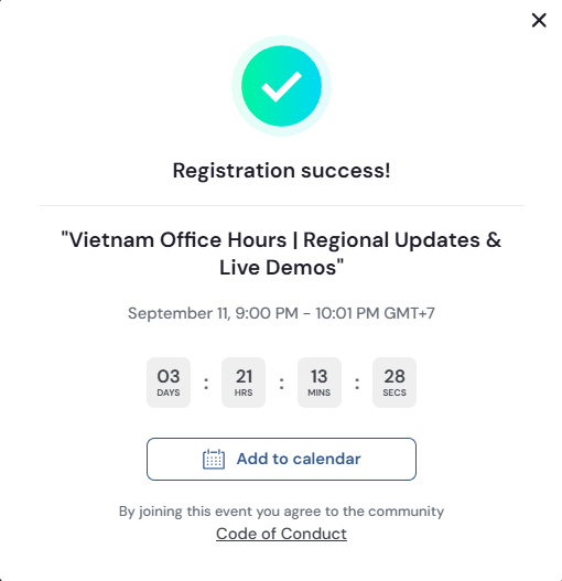 A registration confirmation screen for 'Vietnam Office Hours | Regional Updates & Live Demos' on September 11, 9:00 PM - 10:01 PM GMT+7, featuring a countdown timer.