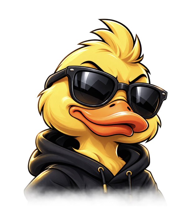 A stylized cartoon duck with yellow feathers, an orange beak, and a punk-style spiky hairdo wearing black sunglasses and a black hoodie.