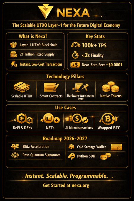 A promotional infographic for 'NEXA - The Scalable UTXO Layer-1 for the Future Digital Economy' featuring key stats (100k+ TPS, <2s Finality, Near-Zero Fees <$0.0001), technology pillars, use cases, and a 2026-2027 roadmap.