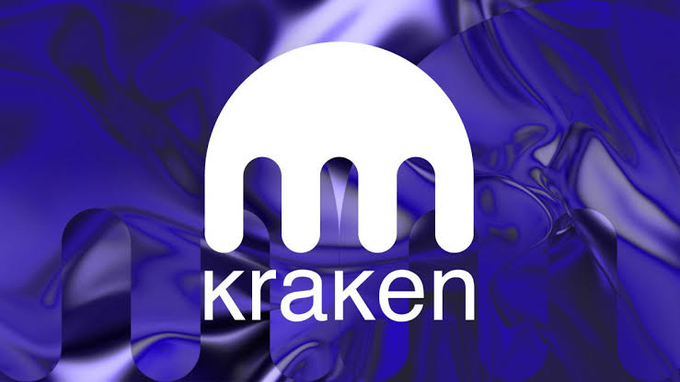 The image features the Kraken logo—a white kraken/octopus tentacle emblem with the word "kraken" beneath it—set against a flowing, abstract blue background, visually representing the cryptocurrency exchange as it pursues a banking license in Lithuania to expand into regulated financial services across Europe.