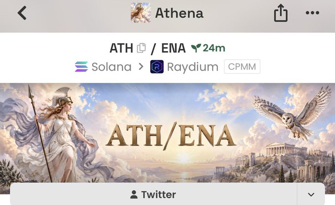 The image shows a Solana DEX interface displaying the ATH/ENA trading pair on Raydium (CPMM), with ATH paired against a 24m indicator and a banner featuring Greek goddess Athena and an owl. The "Dex paid..." caption suggests the token ATH has secured a decentralized exchange listing on Raydium, fulfilling a common milestone project promise to investors.