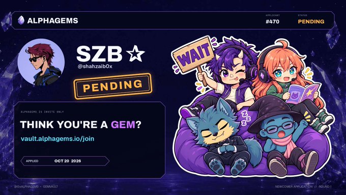 An 'ALPHAGEMS' invite card for user 'SZB @shahzaib0x' with status 'PENDING', featuring anime-style mascot characters and the URL vault.alphagems.io/join.