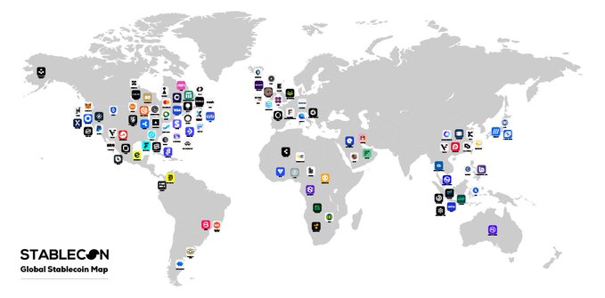 A world map titled "STABLECOIN Global Stablecoin Map" displays various cryptocurrency and stablecoin logos placed across different countries.