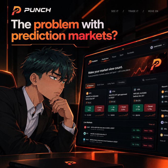 An advertisement for PUNCH prediction markets featuring an anime-style character alongside the headline 'The problem with prediction markets?' and a dashboard showing crypto markets like BTC, ETH, and SOL.