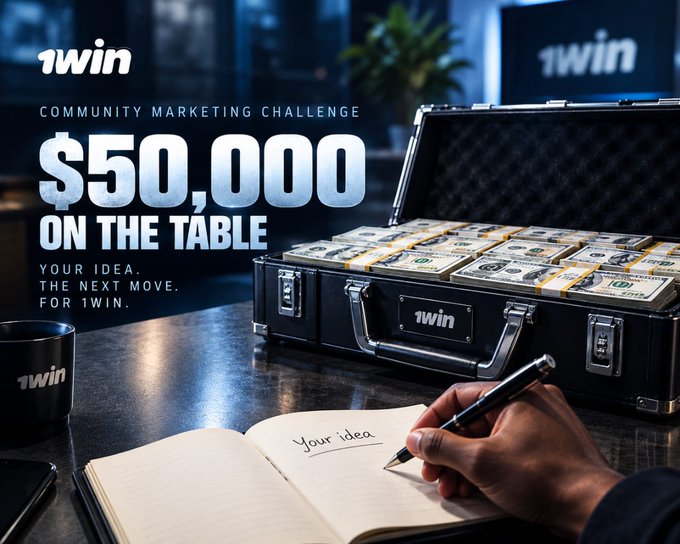 A promotional graphic for the 1win 'Community Marketing Challenge' offering $50,000 on the table, showing a briefcase full of cash and a hand writing 'Your Idea' in a notebook.