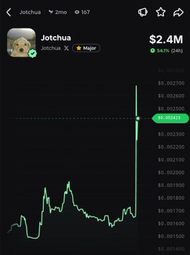 A cryptocurrency trading chart shows the token Jotchua ($JOTCHUA), which has surged 54% (to $2.4M market cap) over the past hour, with a sharp green price spike rising dramatically from around $0.0015 to $0.0024 on the displayed timeframe.